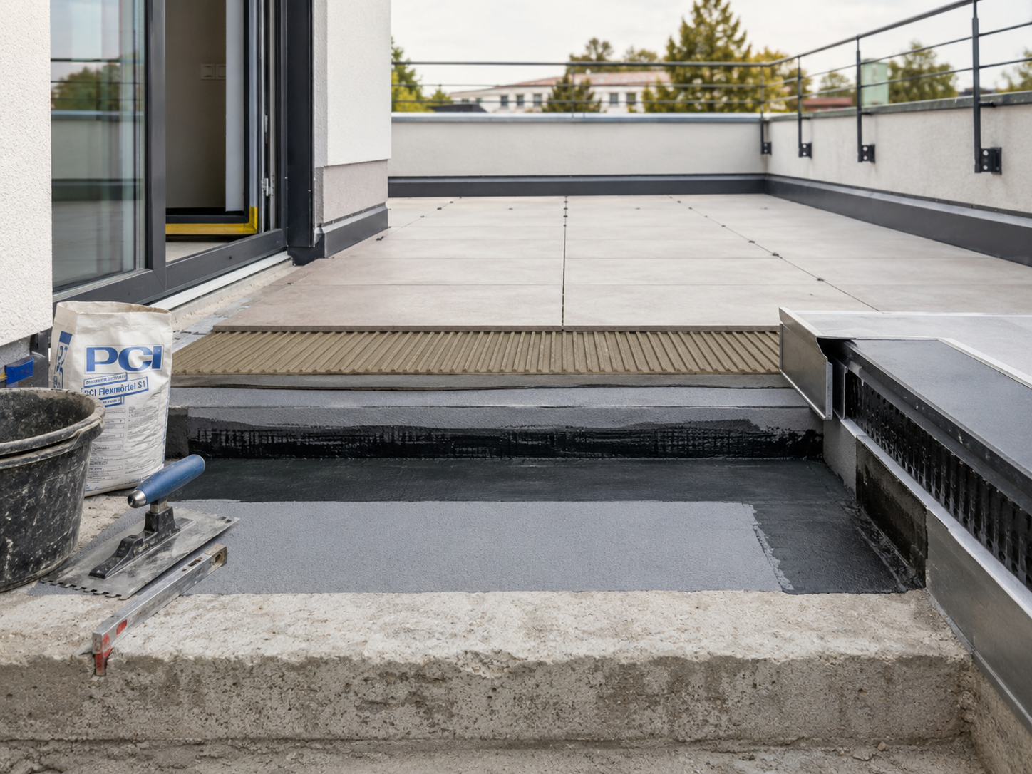 Sanierungsbereich an Balkon und Terrasse mit vorbereitetem Aufbau